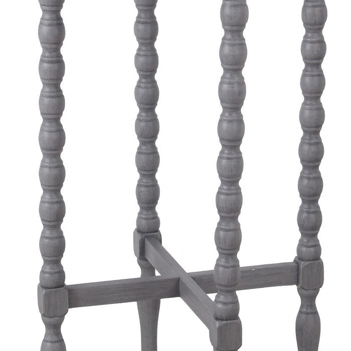 Wooden Round Accent Table with Tray Top and Beaded Turned Legs, Gray