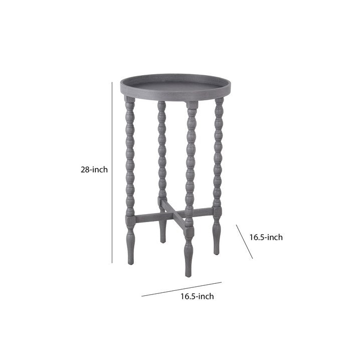 Wooden Round Accent Table with Tray Top and Beaded Turned Legs, Gray