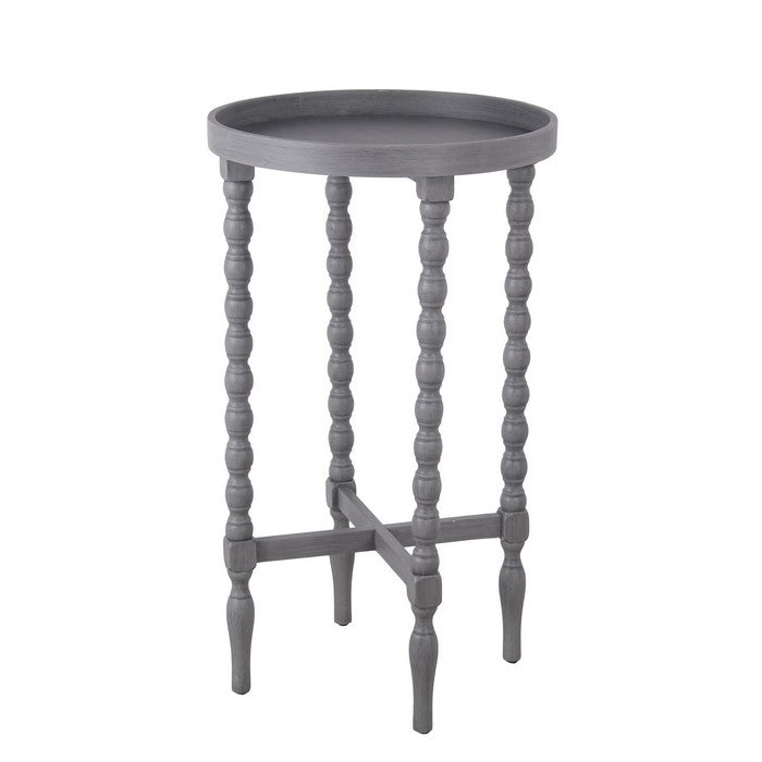 Wooden Round Accent Table with Tray Top and Beaded Turned Legs, Gray