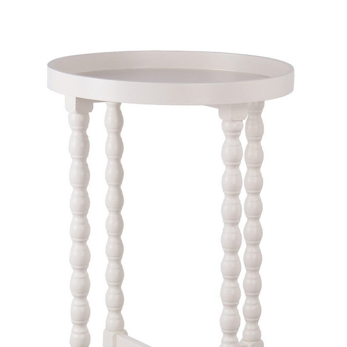 Wooden Round Accent Table with Tray Top and Beaded Turned Legs, White