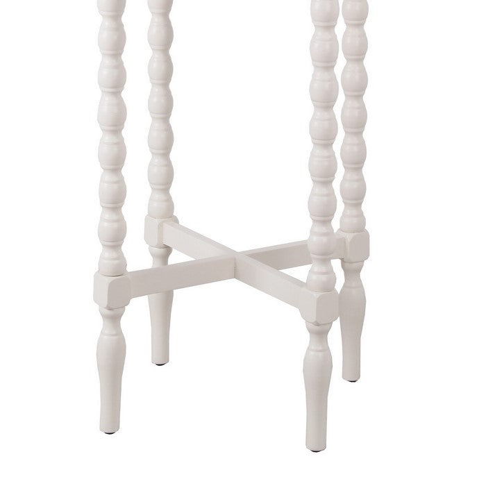 Wooden Round Accent Table with Tray Top and Beaded Turned Legs, White