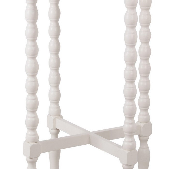 Wooden Round Accent Table with Tray Top and Beaded Turned Legs, White