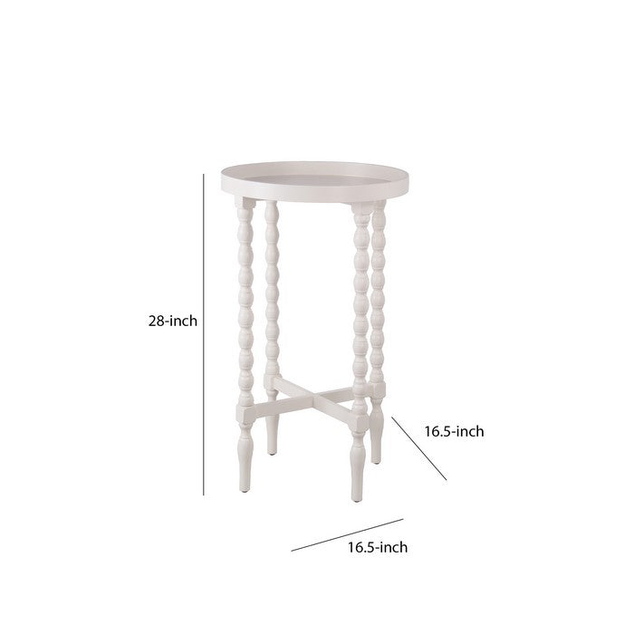 Wooden Round Accent Table with Tray Top and Beaded Turned Legs, White