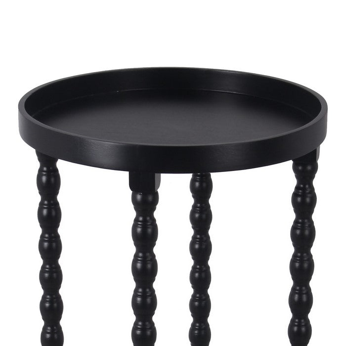 Wooden Round Accent Table with Tray Top and Beaded Turned Legs, Black