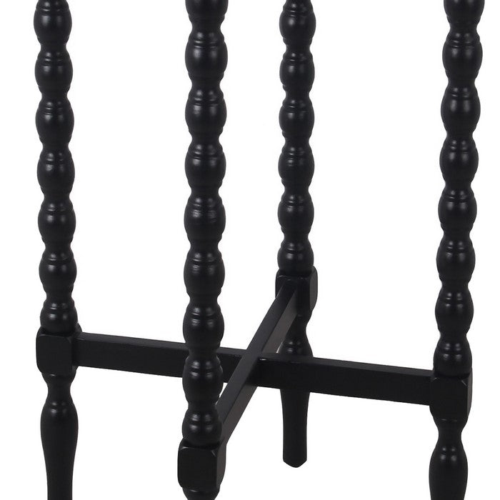Wooden Round Accent Table with Tray Top and Beaded Turned Legs, Black