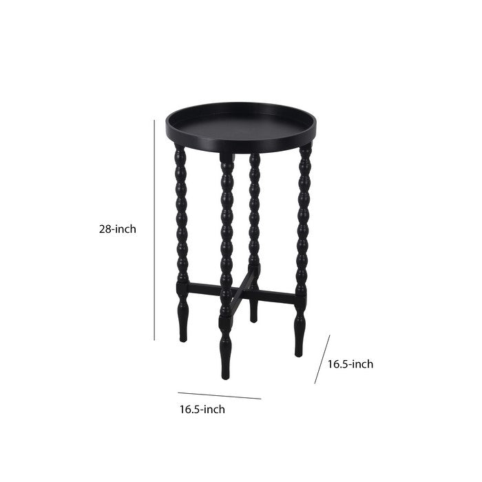 Wooden Round Accent Table with Tray Top and Beaded Turned Legs, Black