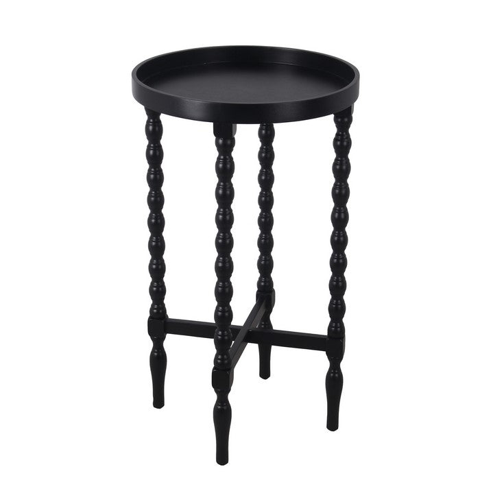 Wooden Round Accent Table with Tray Top and Beaded Turned Legs, Black