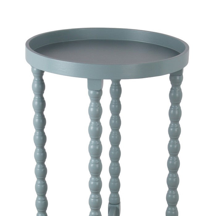 Wooden Round Accent Table with Tray Top and Beaded Turned Legs, Sage Blue