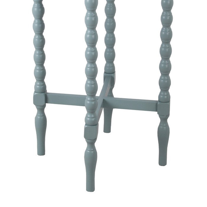 Wooden Round Accent Table with Tray Top and Beaded Turned Legs, Sage Blue