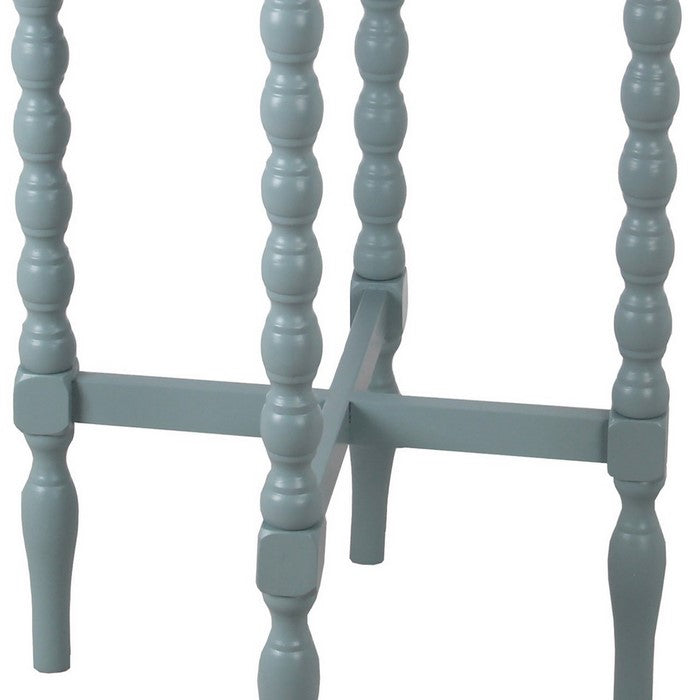 Wooden Round Accent Table with Tray Top and Beaded Turned Legs, Sage Blue