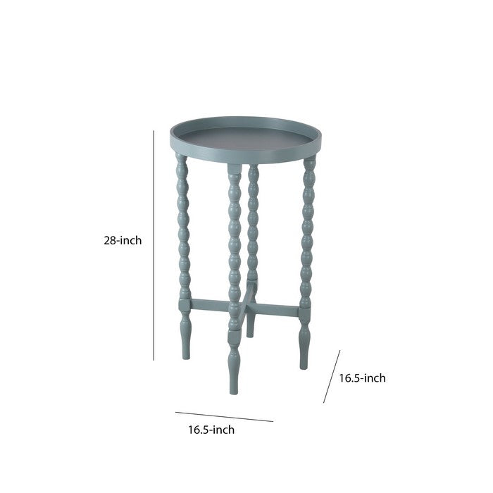 Wooden Round Accent Table with Tray Top and Beaded Turned Legs, Sage Blue