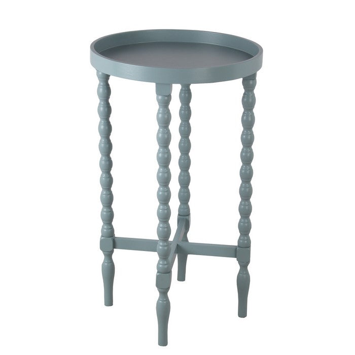Wooden Round Accent Table with Tray Top and Beaded Turned Legs, Sage Blue