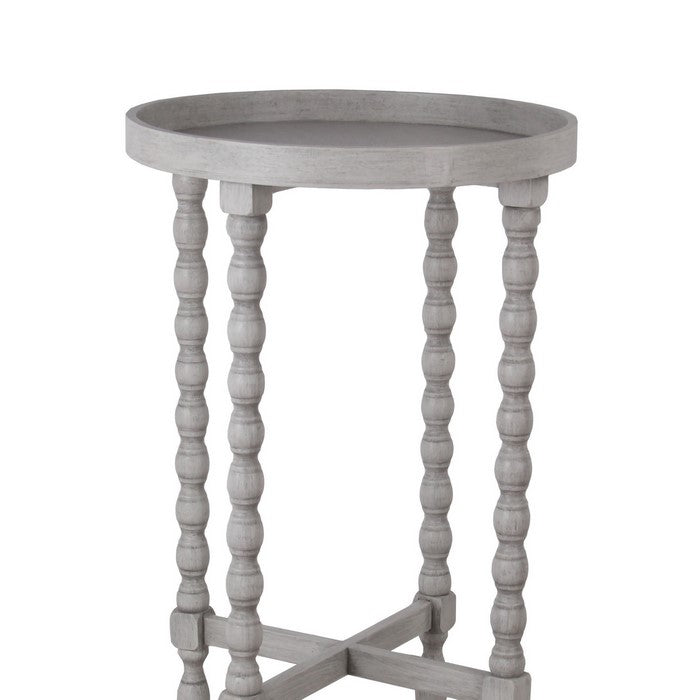 Wooden Round Accent Table with Tray Top and Beaded Turned Legs, Light Gray