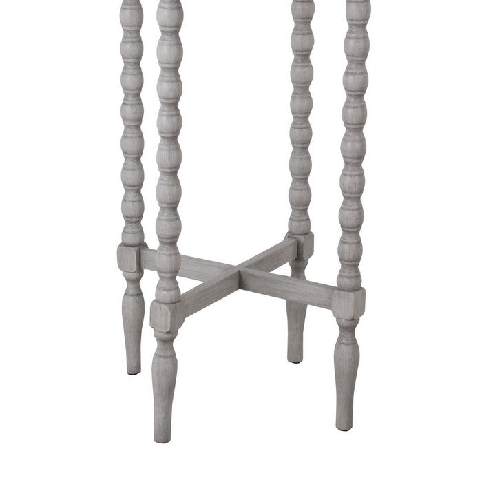 Wooden Round Accent Table with Tray Top and Beaded Turned Legs, Light Gray