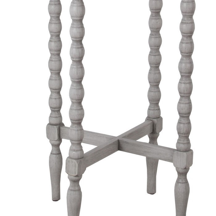 Wooden Round Accent Table with Tray Top and Beaded Turned Legs, Light Gray