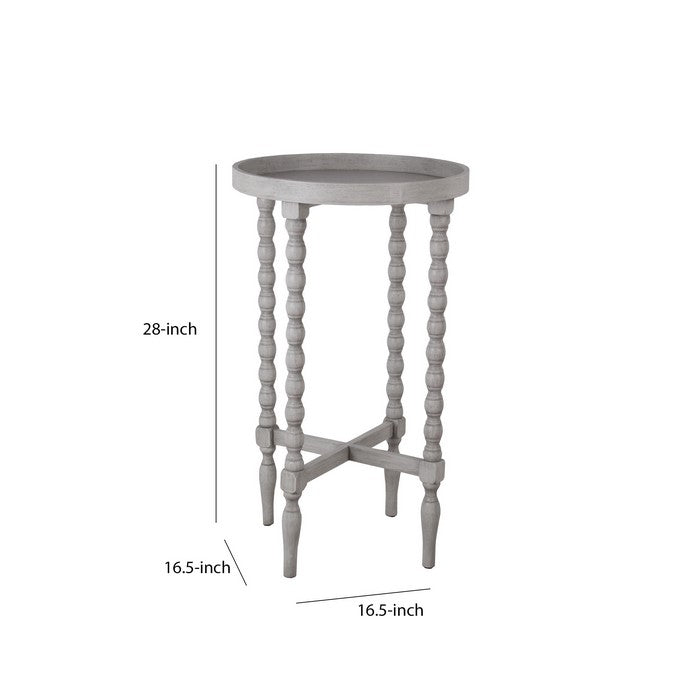 Wooden Round Accent Table with Tray Top and Beaded Turned Legs, Light Gray
