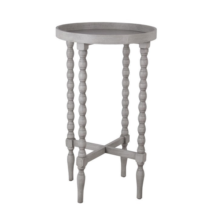 Wooden Round Accent Table with Tray Top and Beaded Turned Legs, Light Gray