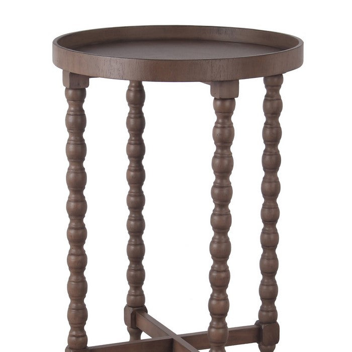 Wooden Round Accent Table with Tray Top and Beaded Turned Legs, Brown