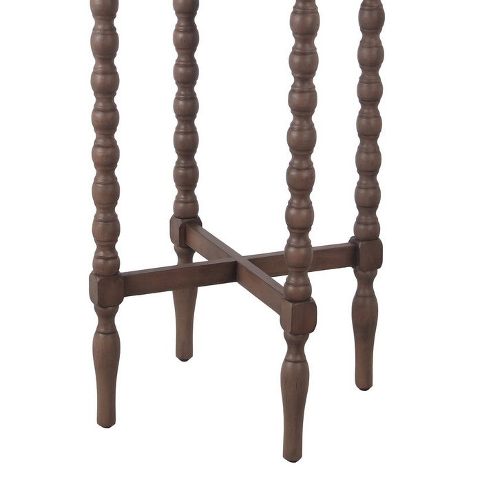 Wooden Round Accent Table with Tray Top and Beaded Turned Legs, Brown