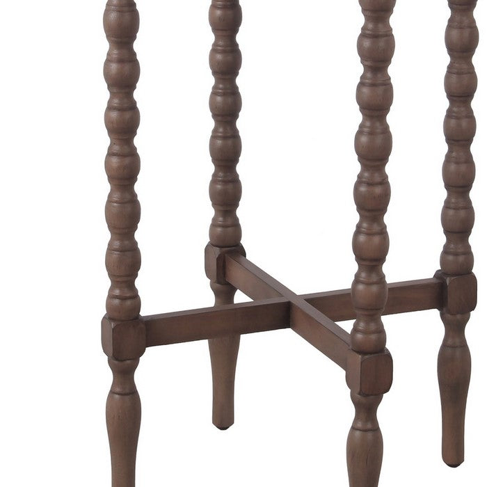 Wooden Round Accent Table with Tray Top and Beaded Turned Legs, Brown