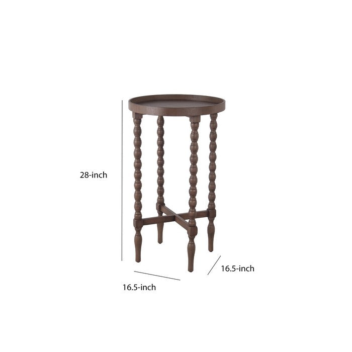 Wooden Round Accent Table with Tray Top and Beaded Turned Legs, Brown