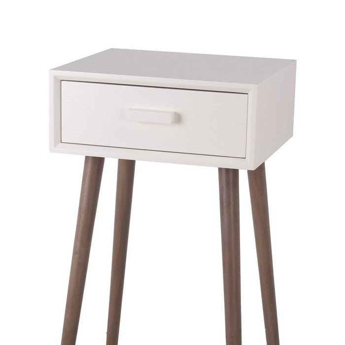 Mid Century Wooden 1 Drawer Accent Table with Splayed Legs, White and Brown