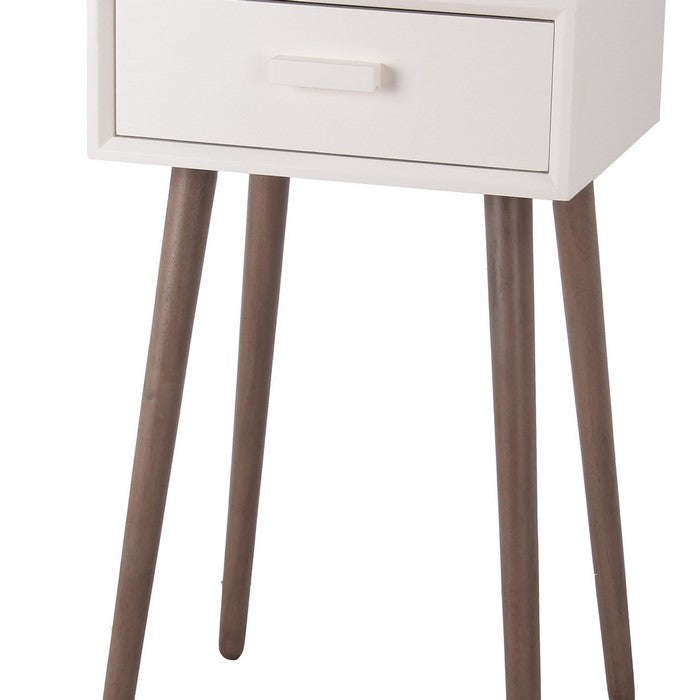 Mid Century Wooden 1 Drawer Accent Table with Splayed Legs, White and Brown