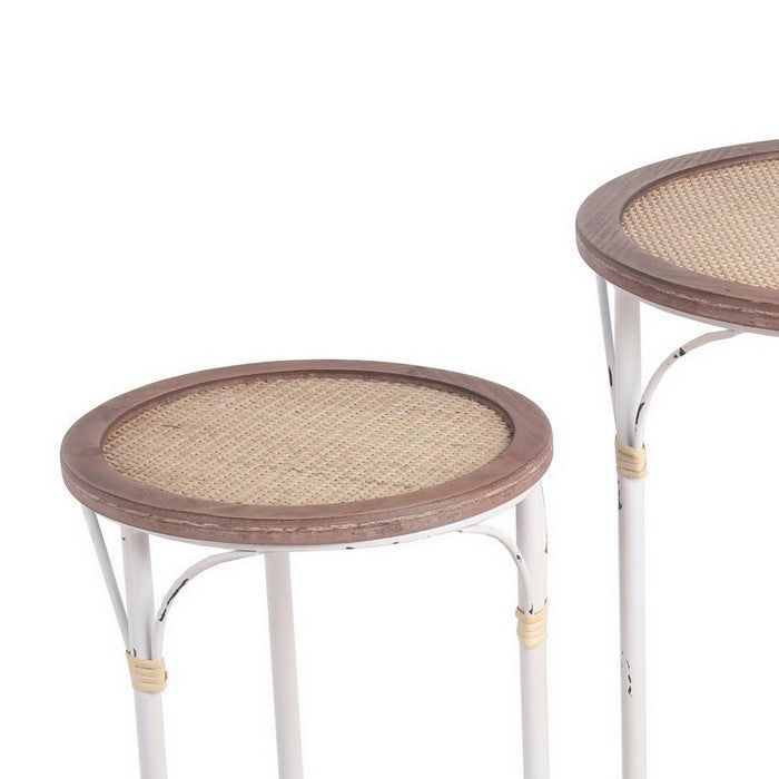 Round Woven Top Accent Table with Metal Base, Set of 3, White and Brown