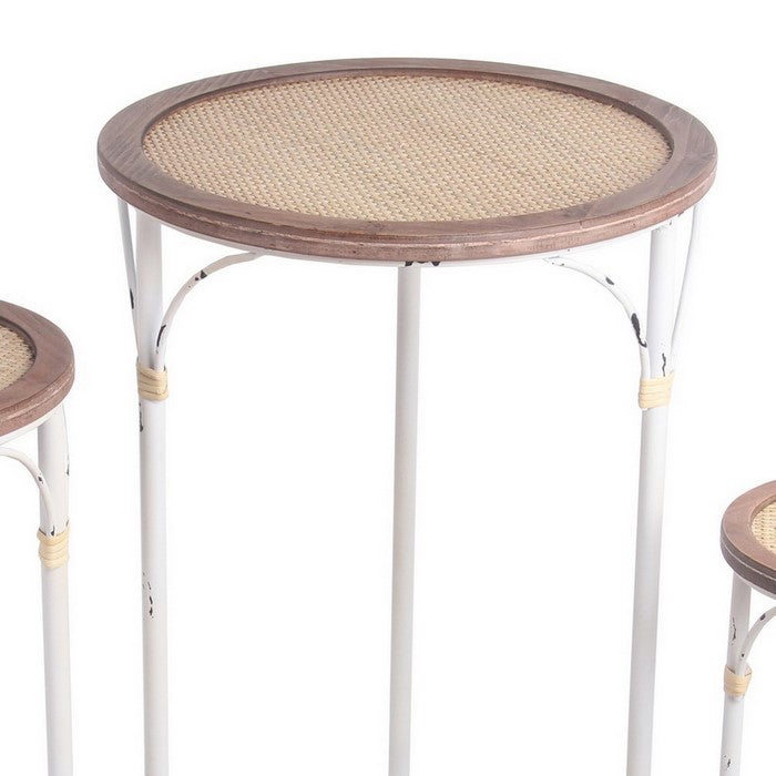 Round Woven Top Accent Table with Metal Base, Set of 3, White and Brown
