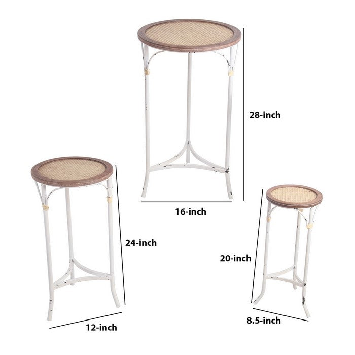 Round Woven Top Accent Table with Metal Base, Set of 3, White and Brown