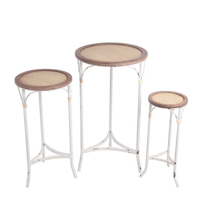 Round Woven Top Accent Table with Metal Base, Set of 3, White and Brown