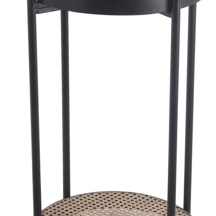 Metal Accent Table with Mesh Design Shelf and Top, Brown and Black