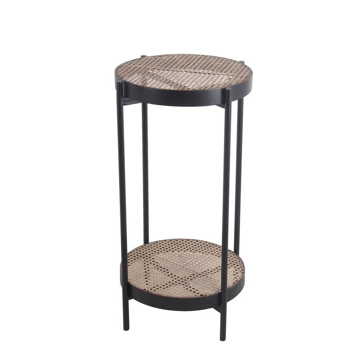 Metal Accent Table with Mesh Design Shelf and Top, Brown and Black