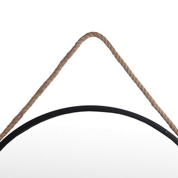 Round Wooden Frame Wall Mirror with Rope Hanger, Large, Black and Brown