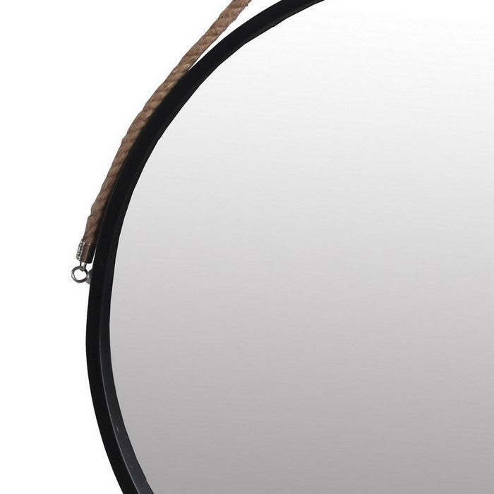 Round Wooden Frame Wall Mirror with Rope Hanger, Large, Black and Brown