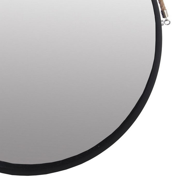 Round Wooden Frame Wall Mirror with Rope Hanger, Large, Black and Brown