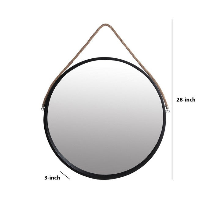 Round Wooden Frame Wall Mirror with Rope Hanger, Large, Black and Brown
