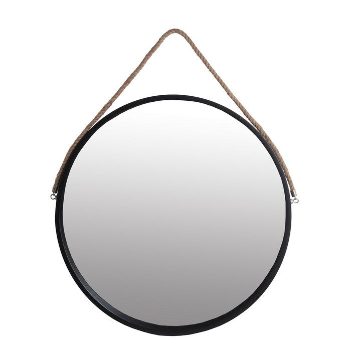 Round Wooden Frame Wall Mirror with Rope Hanger, Large, Black and Brown