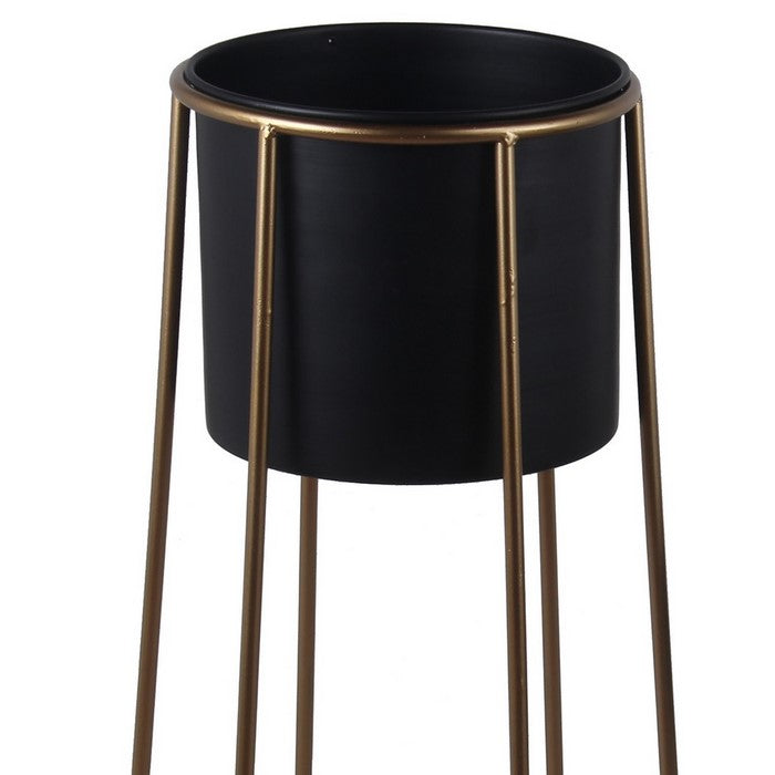 Metal Cylindrical Planter with Circular Base, Set of 2, Black and Gold