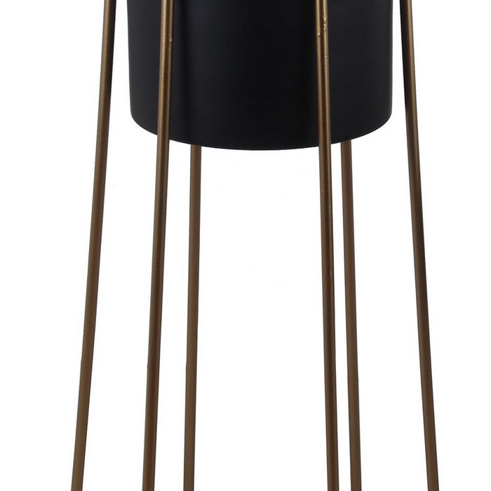 Metal Cylindrical Planter with Circular Base, Set of 2, Black and Gold