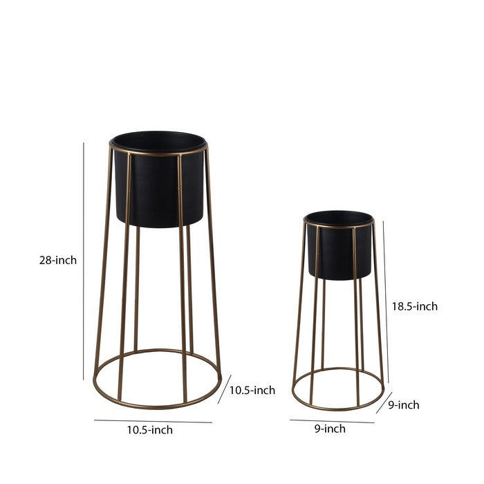 Metal Cylindrical Planter with Circular Base, Set of 2, Black and Gold
