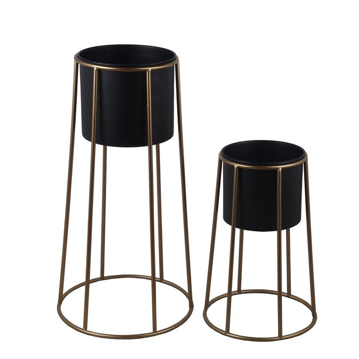 Metal Cylindrical Planter with Circular Base, Set of 2, Black and Gold
