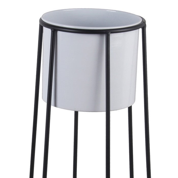 Metal Cylindrical Planter with Circular Base, Set of 2, Black and White