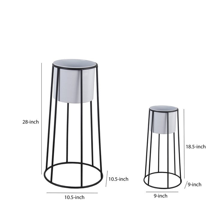 Metal Cylindrical Planter with Circular Base, Set of 2, Black and White
