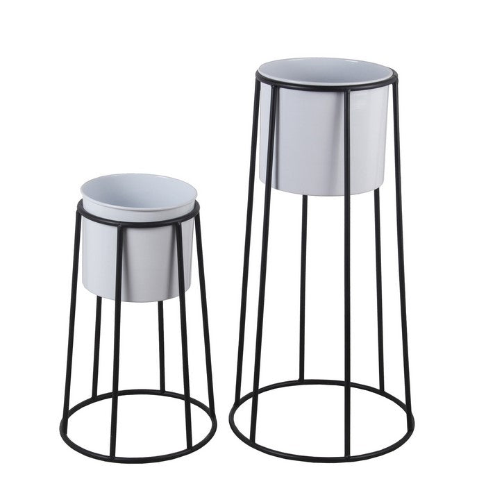 Metal Cylindrical Planter with Circular Base, Set of 2, Black and White