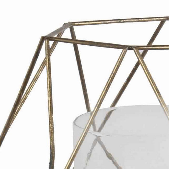Open Geometric Design Metal Candle Holder with Glass Hurricane, Gold