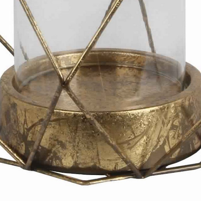 Open Geometric Design Metal Candle Holder with Glass Hurricane, Gold