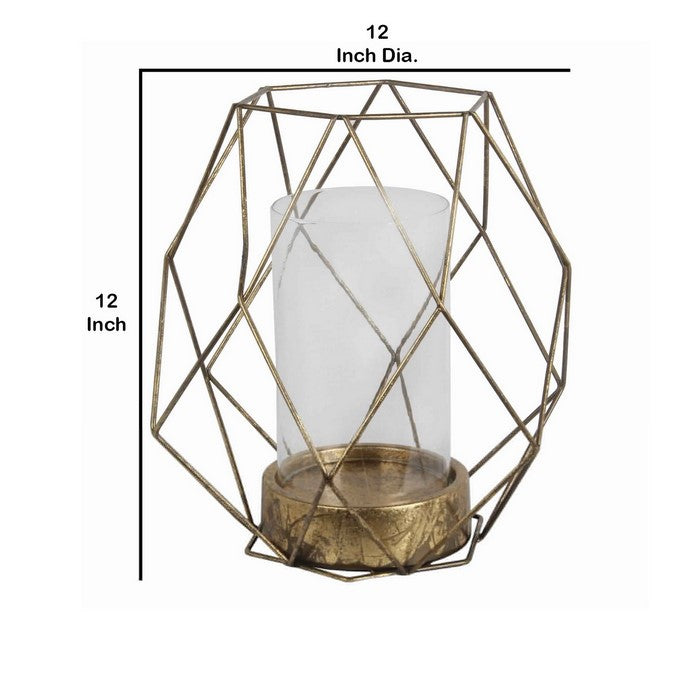 Open Geometric Design Metal Candle Holder with Glass Hurricane, Gold