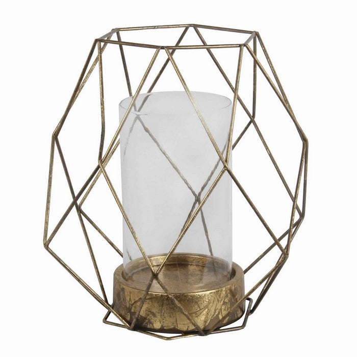 Open Geometric Design Metal Candle Holder with Glass Hurricane, Gold
