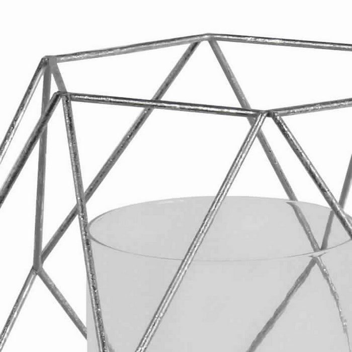 Open Geometric Design Metal Candle Holder with Glass Hurricane, Silver
